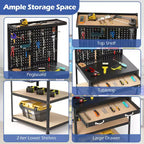 Costway 32'' x 16'' Workbench with Pegboard 20PCS Tool Hooks Drawer and Open Shelves Navy/Black