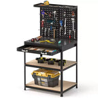Costway 32'' x 16'' Workbench with Pegboard 20PCS Tool Hooks Drawer and Open Shelves Navy/Black