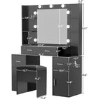 Vanity Desk with Lights, Glass Top, Charging Station, Mirror, Nightstand, Set with Storage Bench, 3 Lighting Modes, White