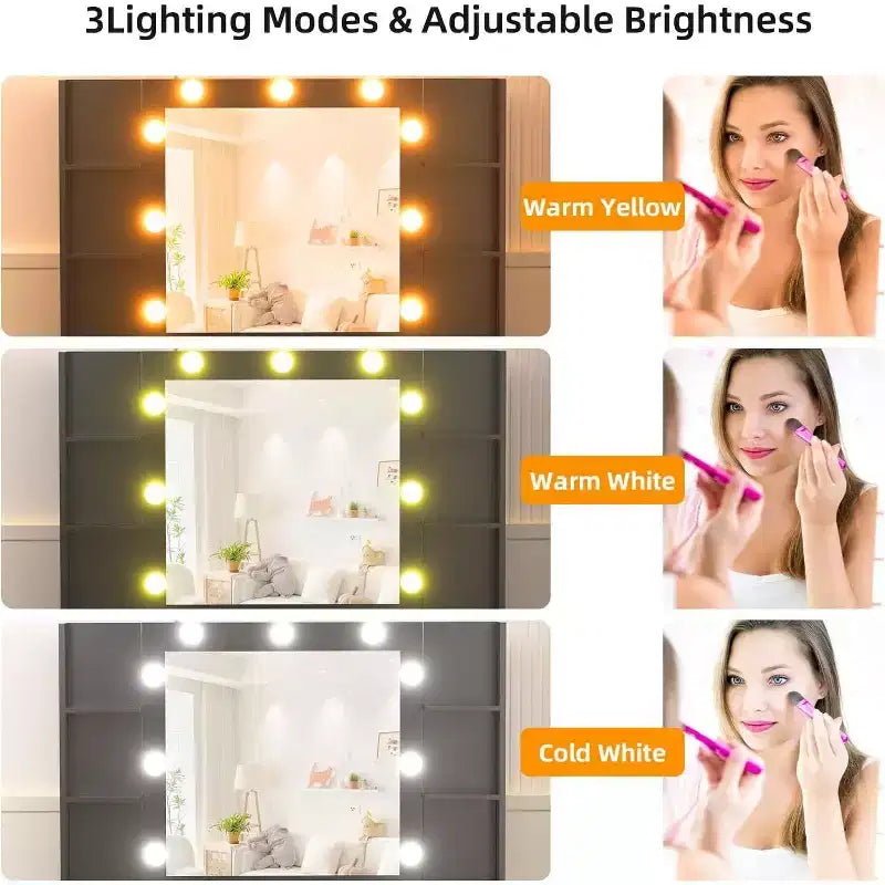 Vanity Desk with Lights, Glass Top, Charging Station, Mirror, Nightstand, Set with Storage Bench, 3 Lighting Modes, White