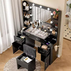 Vanity Desk with Lights, Glass Top, Charging Station, Mirror, Nightstand, Set with Storage Bench, 3 Lighting Modes, White