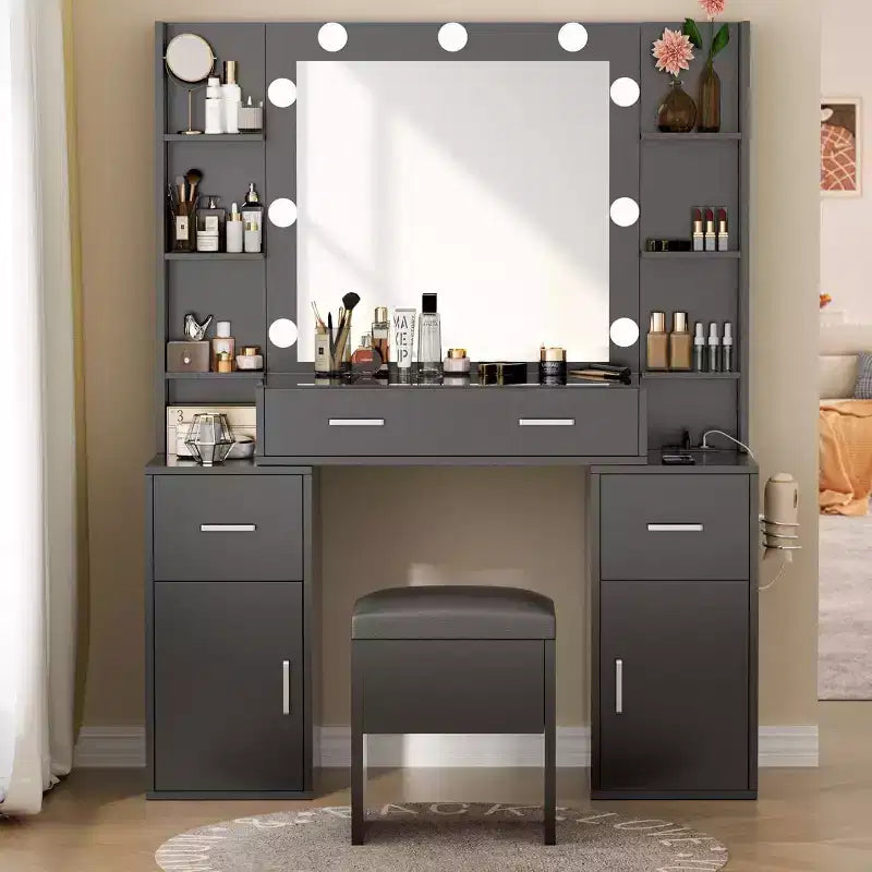 Vanity Desk with Lights, Glass Top, Charging Station, Mirror, Nightstand, Set with Storage Bench, 3 Lighting Modes, White
