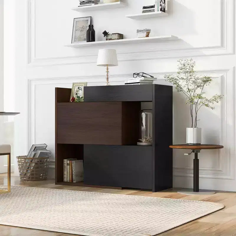 Scarpiera Estensibile e Girevole da 32,5"-58,8" con Cassetto, Mobile Contenitore ad Angolo a 90 Gradi per Ingresso e Soggiorno, Nero+Noce - ModernLuxe