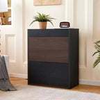 Scarpiera Estensibile e Girevole da 32,5"-58,8" con Cassetto, Mobile Contenitore ad Angolo a 90 Gradi per Ingresso e Soggiorno, Nero+Noce - ModernLuxe