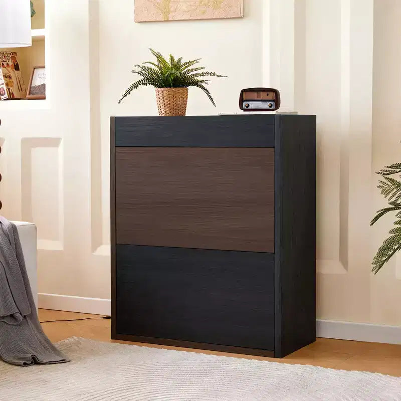 Scarpiera Estensibile e Girevole da 32,5"-58,8" con Cassetto, Mobile Contenitore ad Angolo a 90 Gradi per Ingresso e Soggiorno, Nero+Noce - ModernLuxe