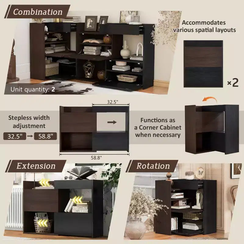 Scarpiera Estensibile e Girevole da 32,5"-58,8" con Cassetto, Mobile Contenitore ad Angolo a 90 Gradi per Ingresso e Soggiorno, Nero+Noce - ModernLuxe