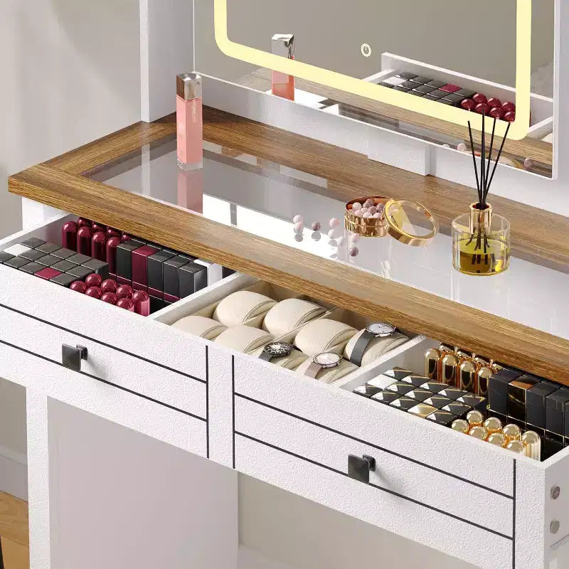 Toeletta con luci, tavolo da trucco in stile rustico con presa di corrente, tavolo da toeletta con ripiano in vetro e 5 cassetti, tavolo con specchio per la camera da letto