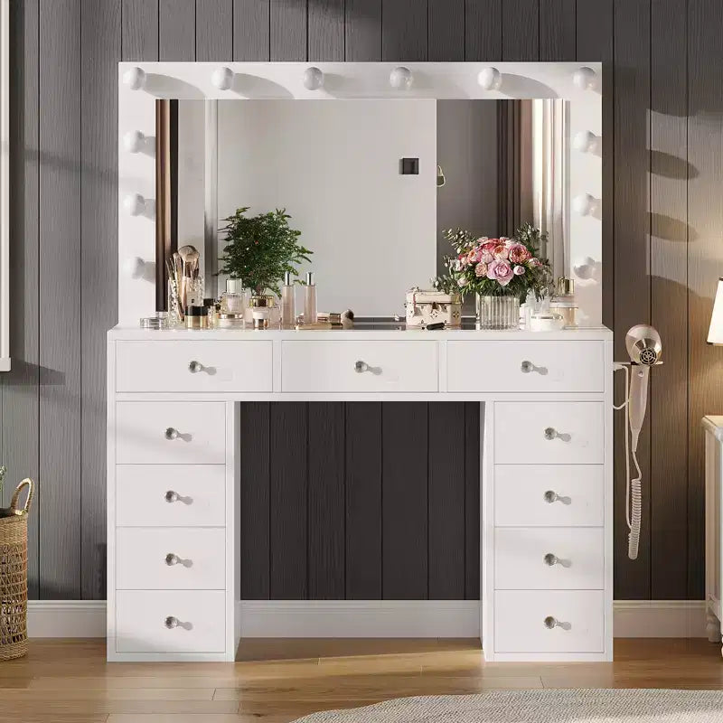 Toeletta con luci, tavolo da trucco in stile rustico con presa di corrente, tavolo da toeletta con ripiano in vetro e 5 cassetti, tavolo con specchio per la camera da letto