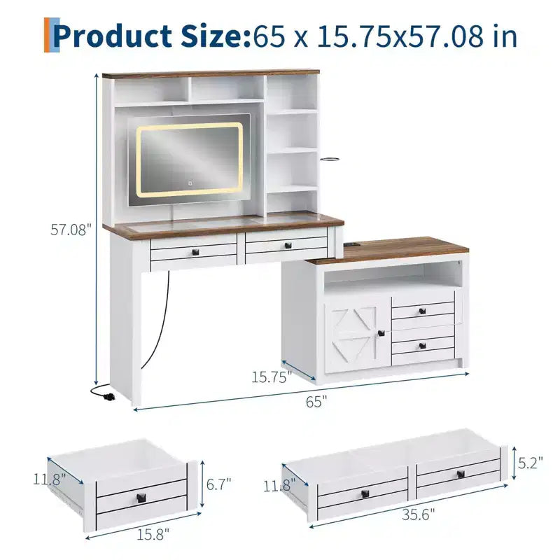 Toeletta con luci, tavolo da trucco in stile rustico con presa di corrente, tavolo da toeletta con ripiano in vetro e 5 cassetti, tavolo con specchio per la camera da letto