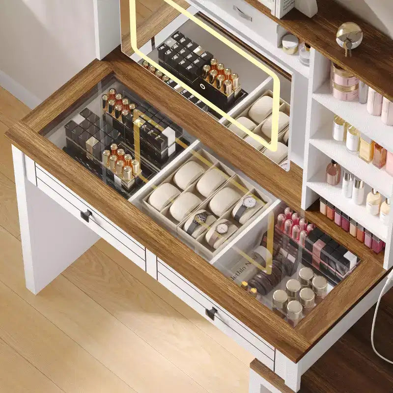 Toeletta con luci, tavolo da trucco in stile rustico con presa di corrente, tavolo da toeletta con ripiano in vetro e 5 cassetti, tavolo con specchio per la camera da letto