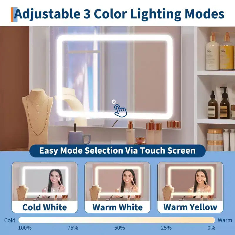Toeletta con luci, tavolo da trucco in stile rustico con presa di corrente, tavolo da toeletta con ripiano in vetro e 5 cassetti, tavolo con specchio per la camera da letto