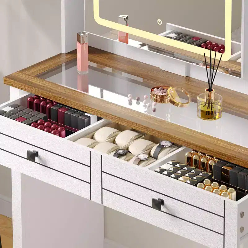 Toeletta con luci, tavolo da trucco in stile rustico con presa di corrente, tavolo da toeletta con ripiano in vetro e 5 cassetti, tavolo con specchio per la camera da letto