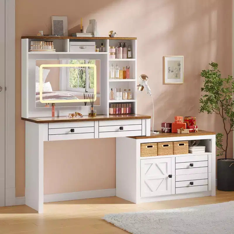 Toeletta con luci, tavolo da trucco in stile rustico con presa di corrente, tavolo da toeletta con ripiano in vetro e 5 cassetti, tavolo con specchio per la camera da letto