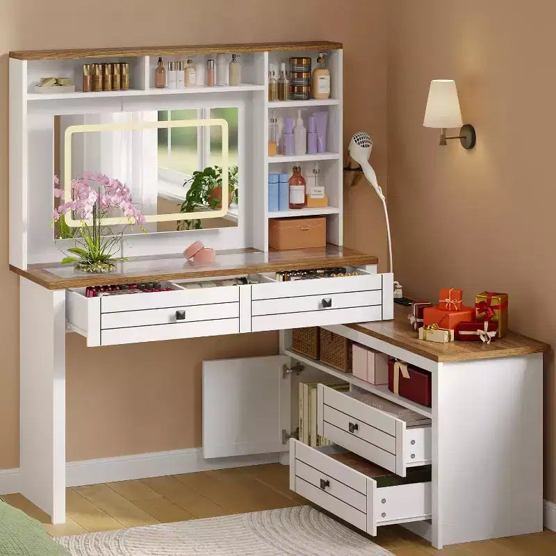 Toeletta con luci, tavolo da trucco in stile rustico con presa di corrente, tavolo da toeletta con ripiano in vetro e 5 cassetti, tavolo con specchio per la camera da letto