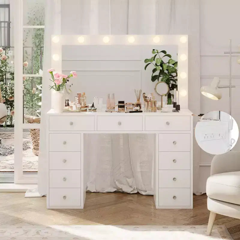 Toeletta con luci, tavolo da trucco in stile rustico con presa di corrente, tavolo da toeletta con ripiano in vetro e 5 cassetti, tavolo con specchio per la camera da letto