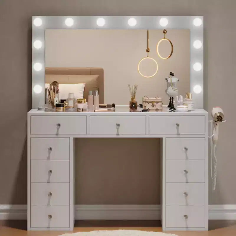 Toeletta con luci, tavolo da trucco in stile rustico con presa di corrente, tavolo da toeletta con ripiano in vetro e 5 cassetti, tavolo con specchio per la camera da letto