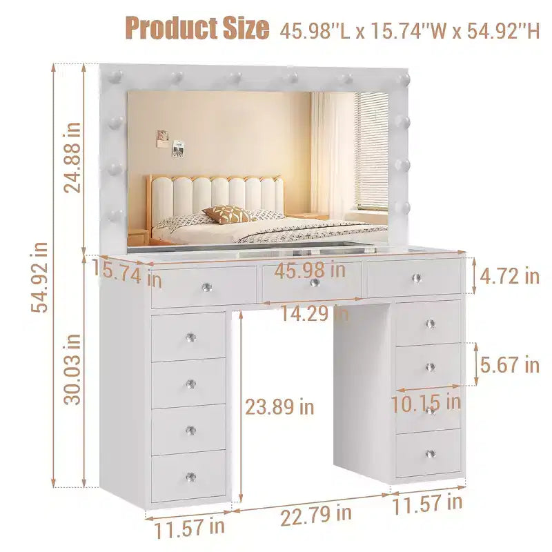 Toeletta con luci, tavolo da trucco in stile rustico con presa di corrente, tavolo da toeletta con ripiano in vetro e 5 cassetti, tavolo con specchio per la camera da letto