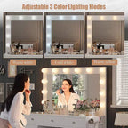 Toeletta con luci, tavolo da trucco in stile rustico con presa di corrente, tavolo da toeletta con ripiano in vetro e 5 cassetti, tavolo con specchio per la camera da letto