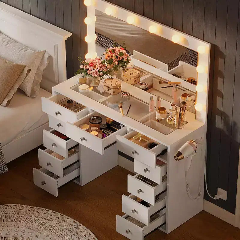 Toeletta con luci, tavolo da trucco in stile rustico con presa di corrente, tavolo da toeletta con ripiano in vetro e 5 cassetti, tavolo con specchio per la camera da letto