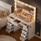 Toeletta con luci, tavolo da trucco in stile rustico con presa di corrente, tavolo da toeletta con ripiano in vetro e 5 cassetti, tavolo con specchio per la camera da letto