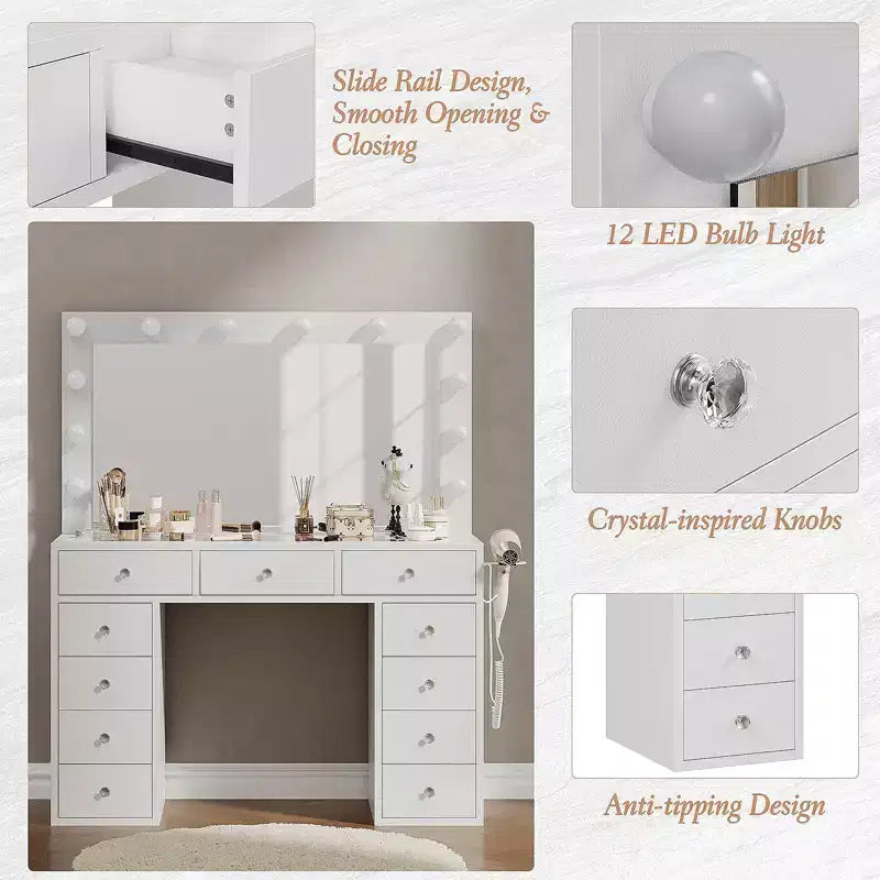 Toeletta con luci, tavolo da trucco in stile rustico con presa di corrente, tavolo da toeletta con ripiano in vetro e 5 cassetti, tavolo con specchio per la camera da letto