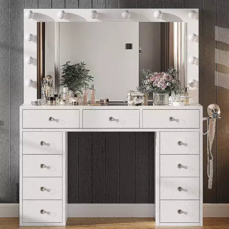 Toeletta con luci, tavolo da trucco in stile rustico con presa di corrente, tavolo da toeletta con ripiano in vetro e 5 cassetti, tavolo con specchio per la camera da letto