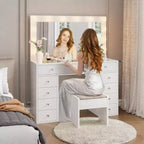Toeletta con luci, tavolo da trucco in stile rustico con presa di corrente, tavolo da toeletta con ripiano in vetro e 5 cassetti, tavolo con specchio per la camera da letto