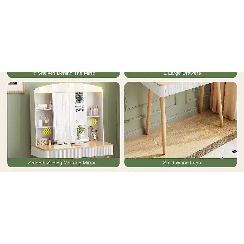 Toeletta con luci, tavolo da trucco in stile rustico con presa di corrente, tavolo da toeletta con ripiano in vetro e 5 cassetti, tavolo con specchio per la camera da letto