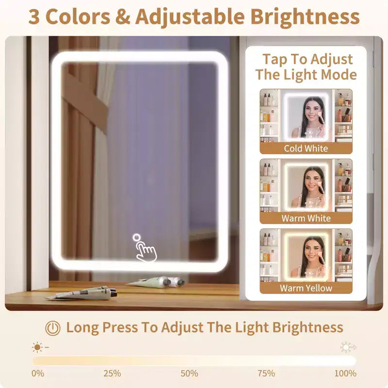 Toeletta con luci, tavolo da trucco in stile rustico con presa di corrente, tavolo da toeletta con ripiano in vetro e 5 cassetti, tavolo con specchio per la camera da letto