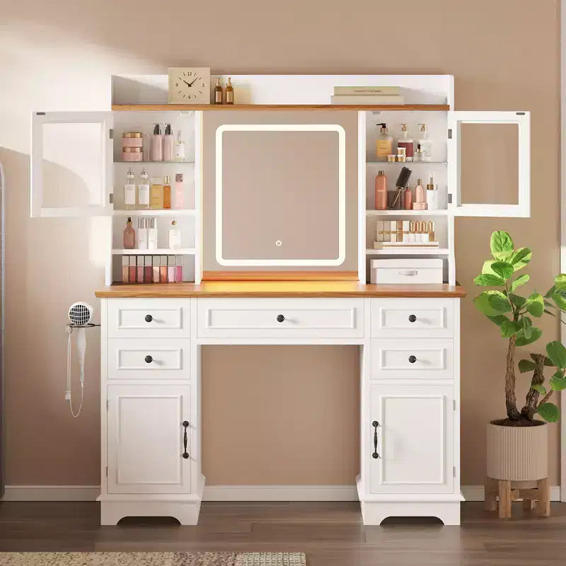 Toeletta con luci, tavolo da trucco in stile rustico con presa di corrente, tavolo da toeletta con ripiano in vetro e 5 cassetti, tavolo con specchio per la camera da letto