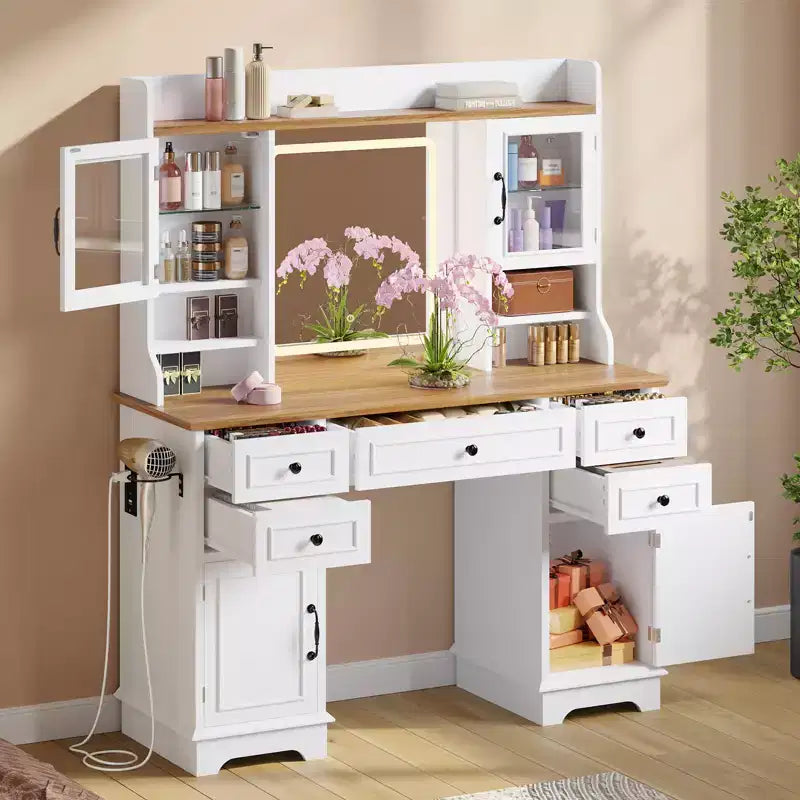 Toeletta con luci, tavolo da trucco in stile rustico con presa di corrente, tavolo da toeletta con ripiano in vetro e 5 cassetti, tavolo con specchio per la camera da letto