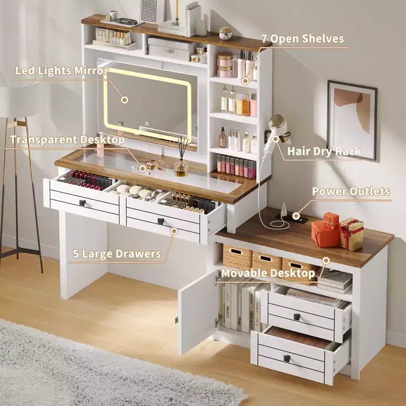 Toeletta con luci, tavolo da trucco in stile rustico con presa di corrente, tavolo da toeletta con ripiano in vetro e 5 cassetti, tavolo con specchio per la camera da letto