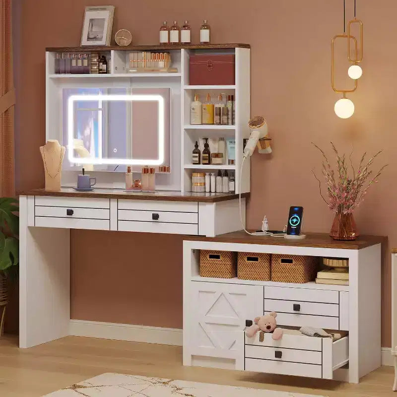 Vanity Desk with Lights, Farmhouse Makeup Vanity Table with Power Strip, Glass Tabletop Vanity Table with 5 Drawers, Vanity Mirror Table for Bedroom