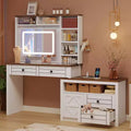 Vanity Desk with Lights, Farmhouse Makeup Vanity Table with Power Strip, Glass Tabletop Vanity Table with 5 Drawers, Vanity Mirror Table for Bedroom