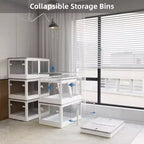 4-Pack Transparent Stackable Storage Bins with 5 Doors to Open with Wheels, Folding Plastic Craft Containers Large Closet Organizers Box for Bedrooms