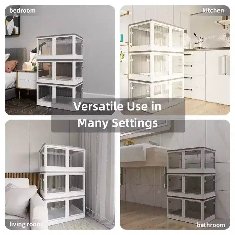 4-Pack Transparent Stackable Storage Bins with 5 Doors to Open with Wheels, Folding Plastic Craft Containers Large Closet Organizers Box for Bedrooms