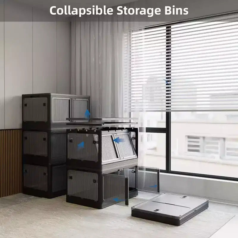4-Pack Transparent Stackable Storage Bins with 5 Doors to Open with Wheels, Folding Plastic Craft Containers Large Closet Organizers Box for Bedrooms