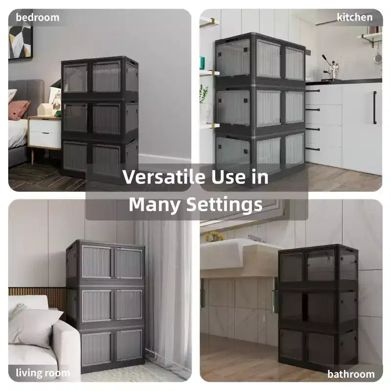 4-Pack Transparent Stackable Storage Bins with 5 Doors to Open with Wheels, Folding Plastic Craft Containers Large Closet Organizers Box for Bedrooms