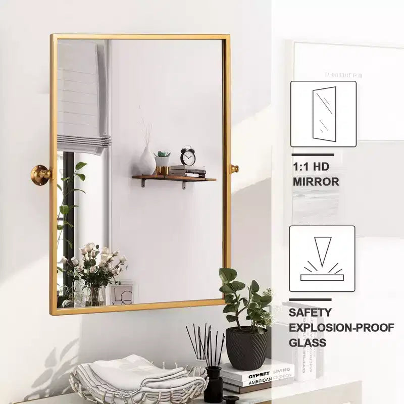 Specchio da Appendere Girevole Rettangolare ad Angolo Retto in Ferro, Oro, 96x66x2.5cm