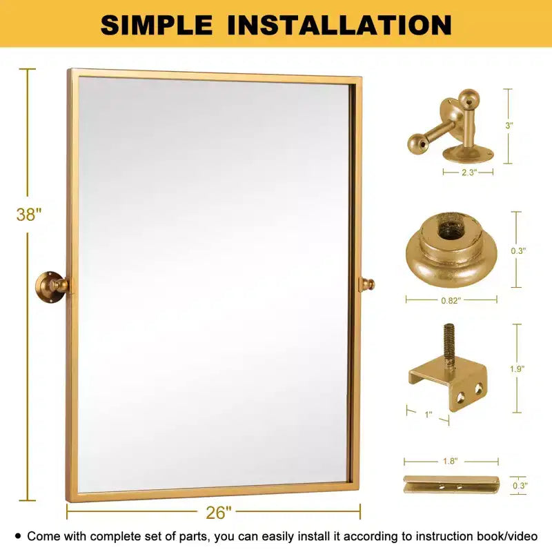 Specchio da Appendere Girevole Rettangolare ad Angolo Retto in Ferro, Oro, 96x66x2.5cm
