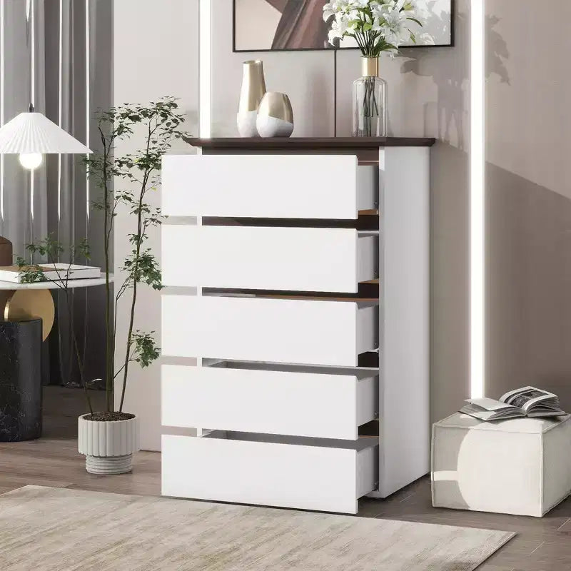 Comò a 5 cassetti per camera da letto, cassettiera moderna per armadio, mobile contenitore con cassetti color bianco e noce