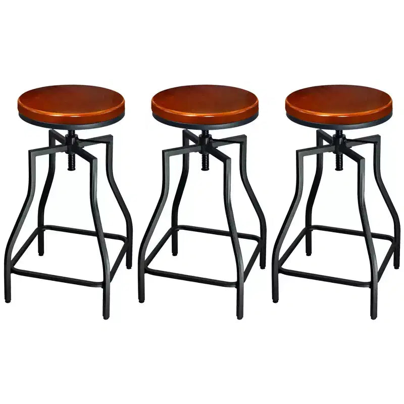 eHemco Industrial Adjustable Swivel Metal Kitchen Counter stool with Wood Veneer Seat, Rustic Brown and Black, Set of 3