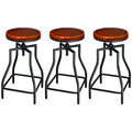 eHemco Industrial Adjustable Swivel Metal Kitchen Counter stool with Wood Veneer Seat, Rustic Brown and Black, Set of 3