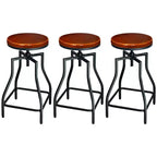 eHemco Industrial Adjustable Swivel Metal Kitchen Counter stool with Wood Veneer Seat, Rustic Brown and Black, Set of 3