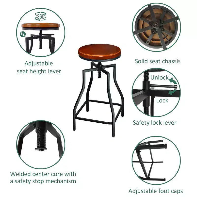 eHemco Industrial Adjustable Swivel Metal Kitchen Counter stool with Wood Veneer Seat, Rustic Brown and Black, Set of 3