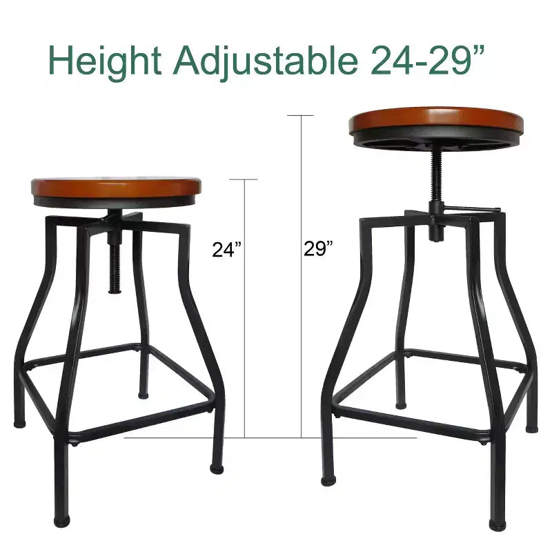 eHemco Industrial Adjustable Swivel Metal Kitchen Counter stool with Wood Veneer Seat, Rustic Brown and Black, Set of 3