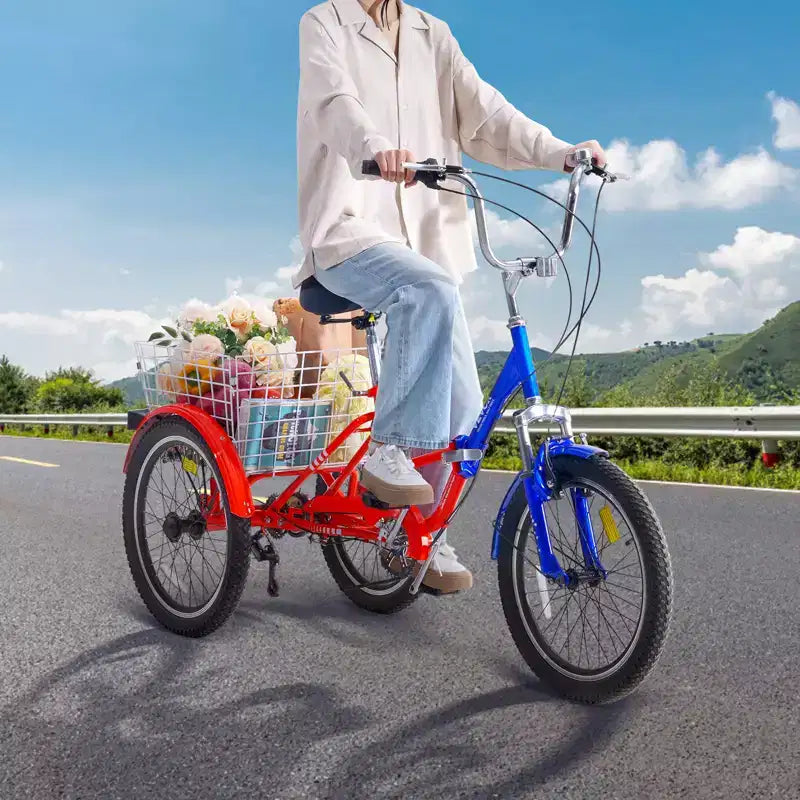 Triciclo Pieghevole VEVOR per Adulti, Triciclo Pieghevole per Adulti a 7 Velocità da 20 Pollici, Bici Cruiser a 3 Ruote in Acciaio al Carbonio con Cesto Grande e Sella Regolabile