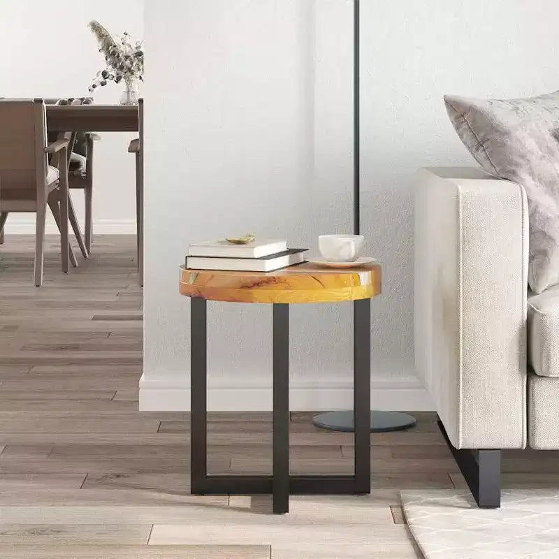 vidaXL Coffee Table with Resin Inlay, Round Center Table for Living Room, Fully Handmade, 15.7'' x17.7'', Solid Reclaimed Wood, Multicolor
