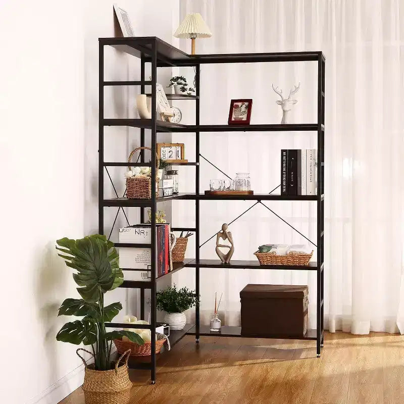 Libreria ad Angolo a 5 Ripiani, Libreria Industriale a L in Legno, Scaffale Grande con Cornice in Metallo, per Casa, Ufficio, Soggiorno, Cucina