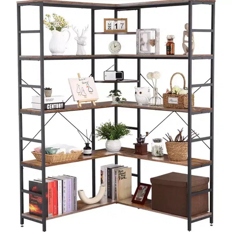 Libreria ad Angolo a 5 Ripiani, Libreria Industriale a L in Legno, Scaffale Grande con Cornice in Metallo, per Casa, Ufficio, Soggiorno, Cucina